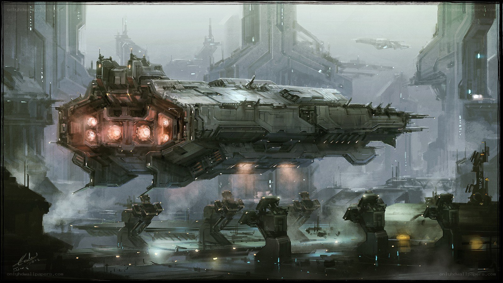 Futuristic battleship in a city