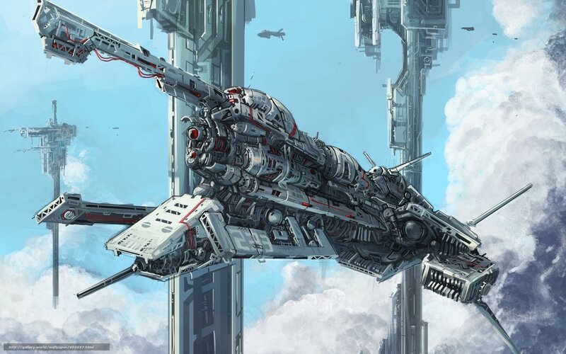 Futuristic battleship in clouds