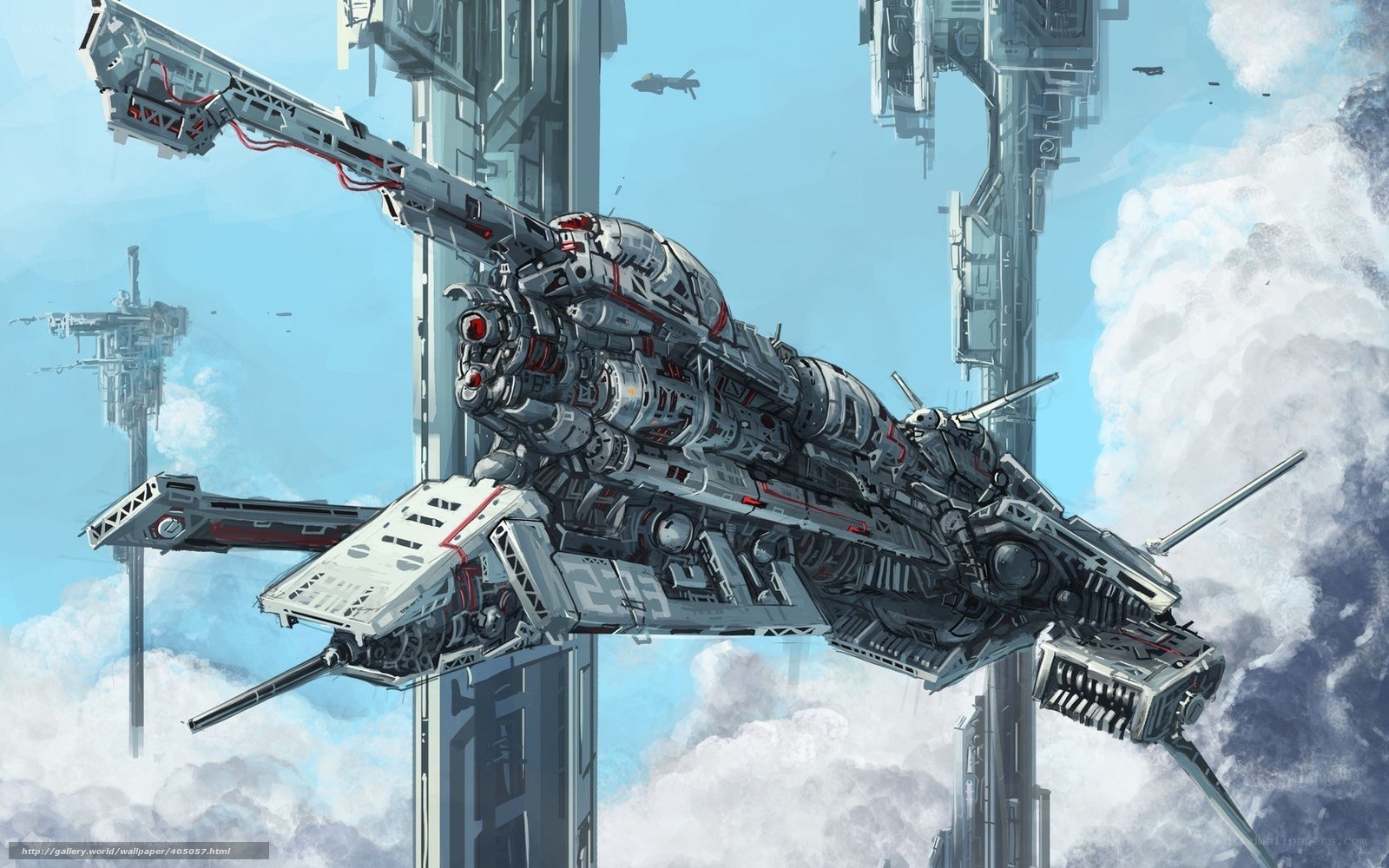 Futuristic battleship in clouds