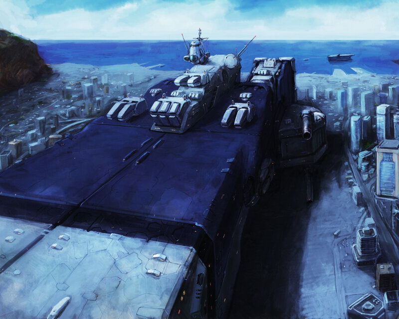 Futuristic battleship in coastal city