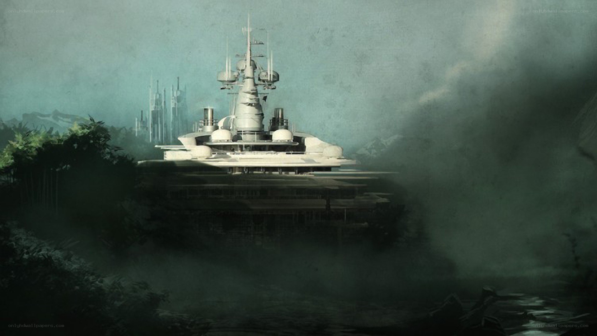 Futuristic battleship in fog