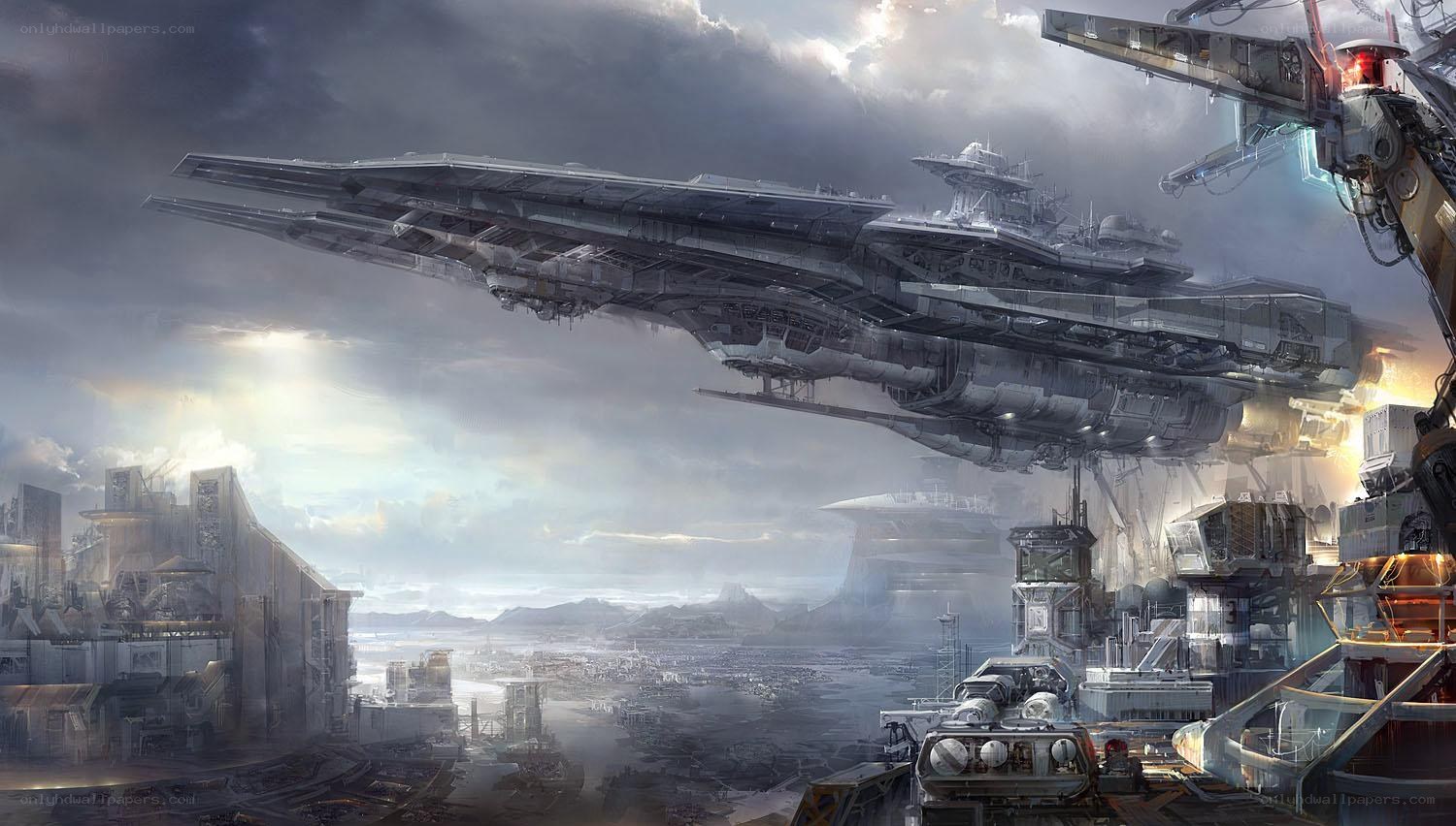 Futuristic battleship over city
