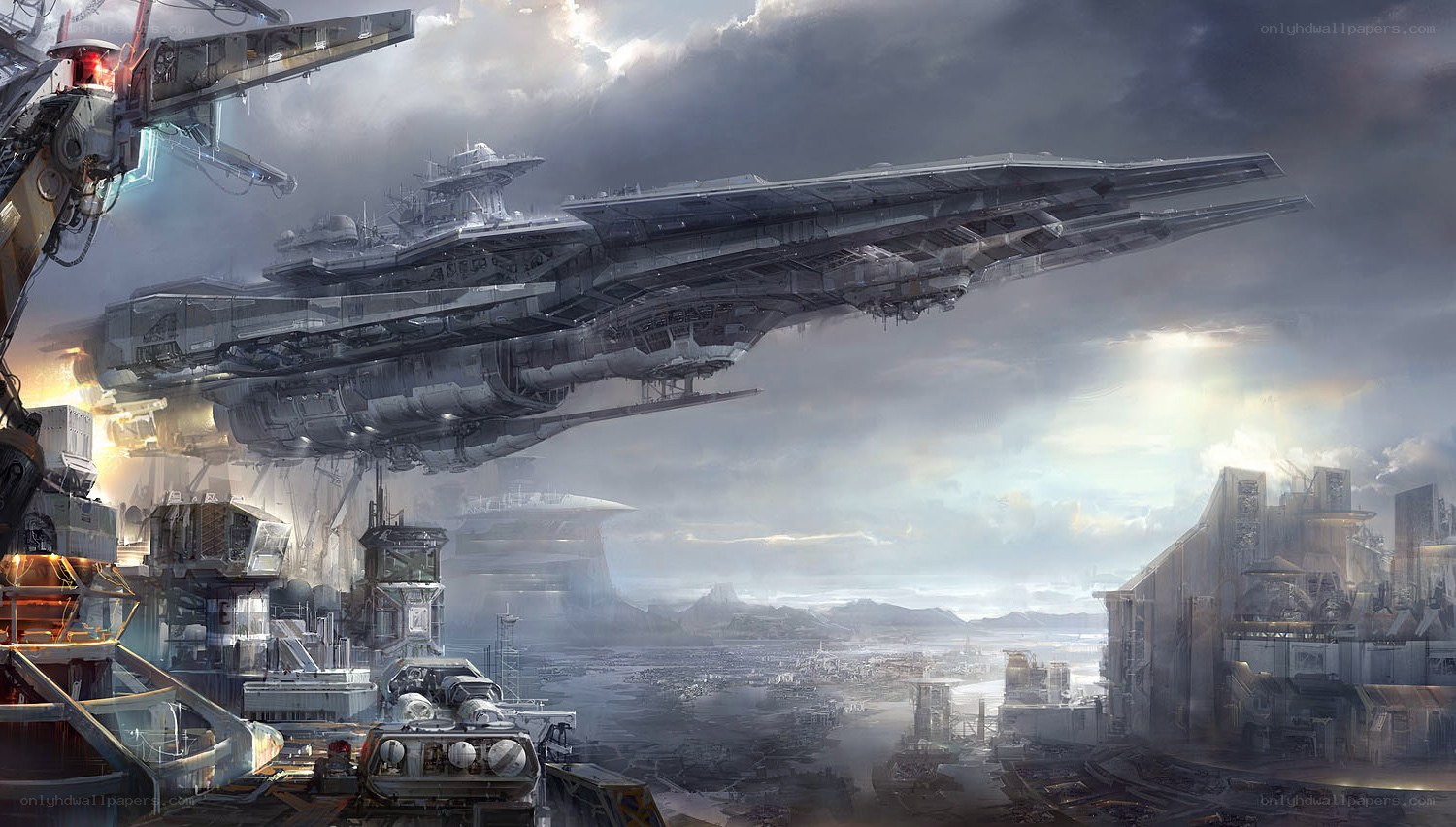 Futuristic battleship over city
