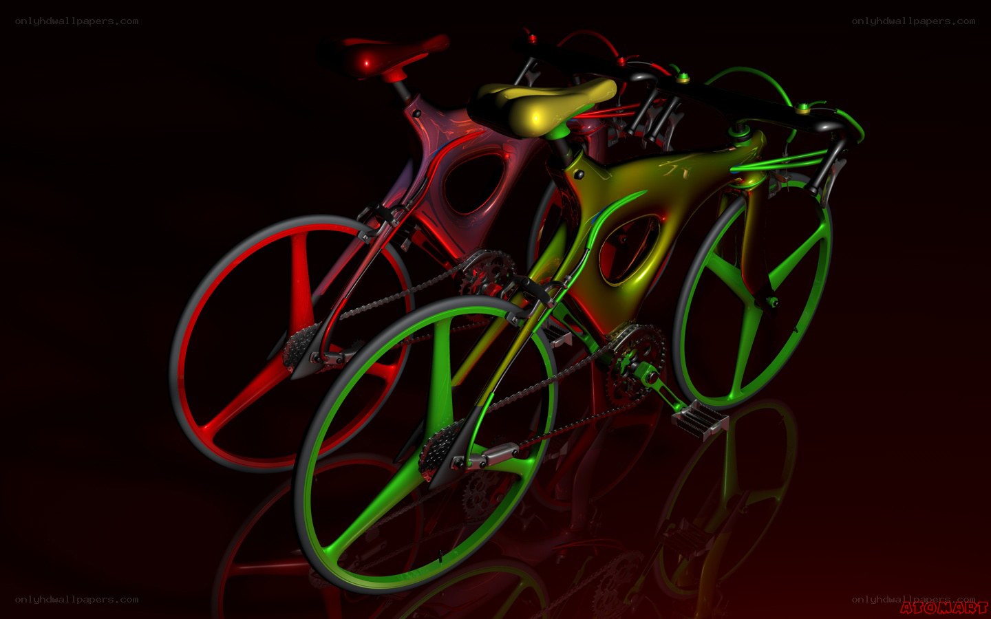 Futuristic bicycles in red and green