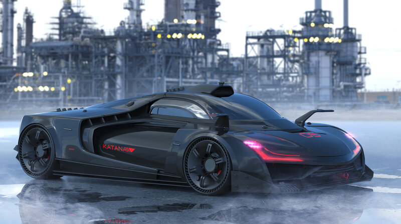 Futuristic Black Car — Dramatic, 3d Render, Industrial Complex