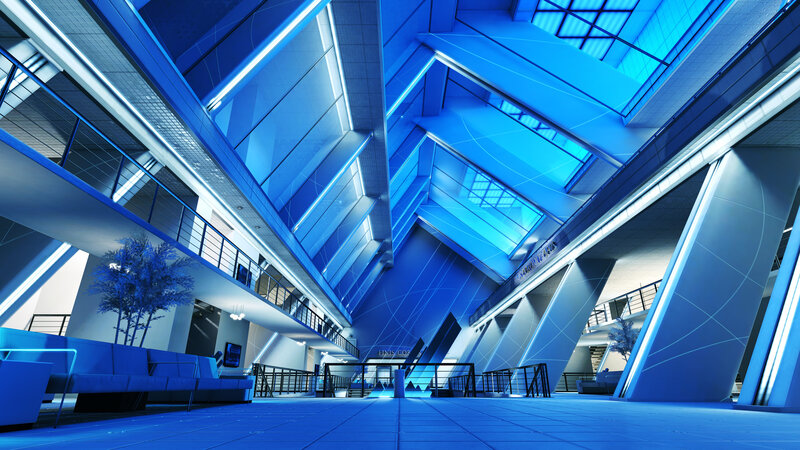 futuristic blue atrium interior