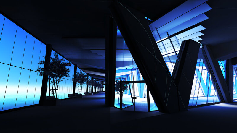 futuristic blue-lit corridor