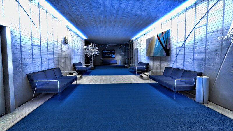 futuristic blue lounge area