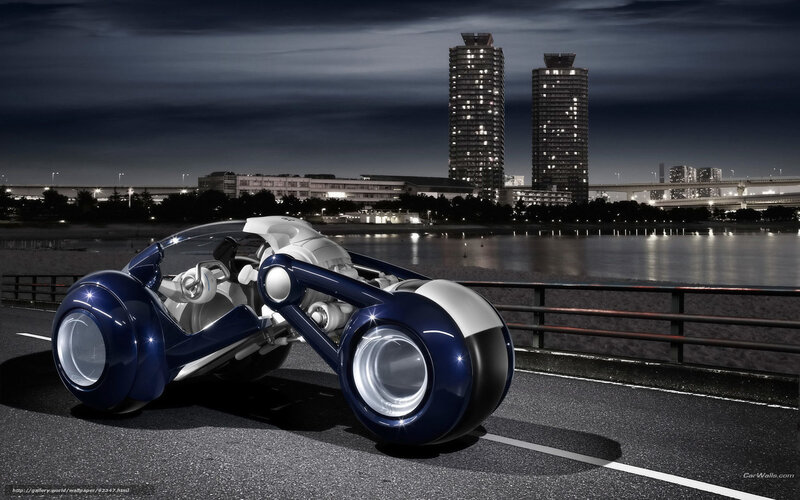 Futuristic blue motorcycle at night