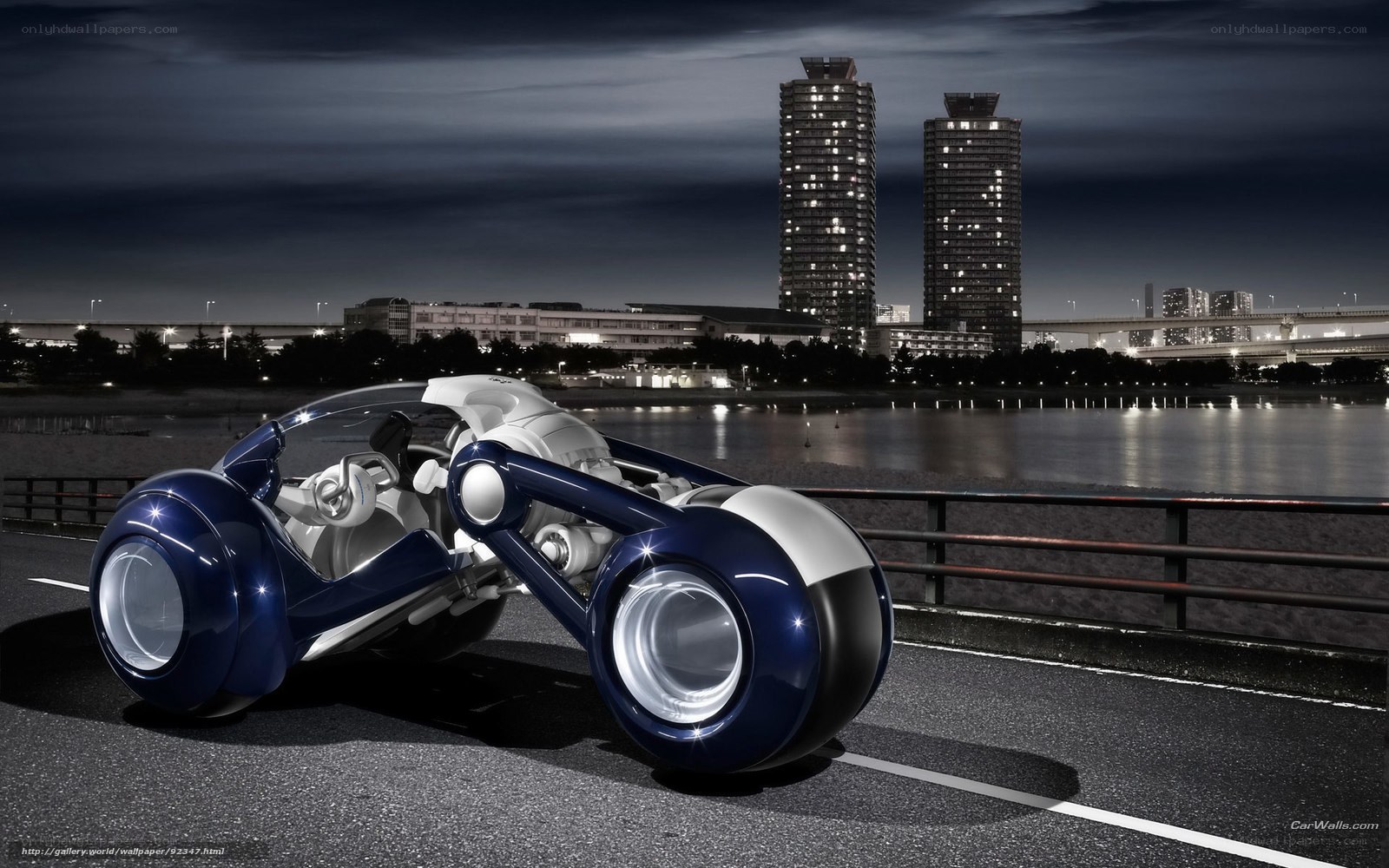 Futuristic blue motorcycle at night