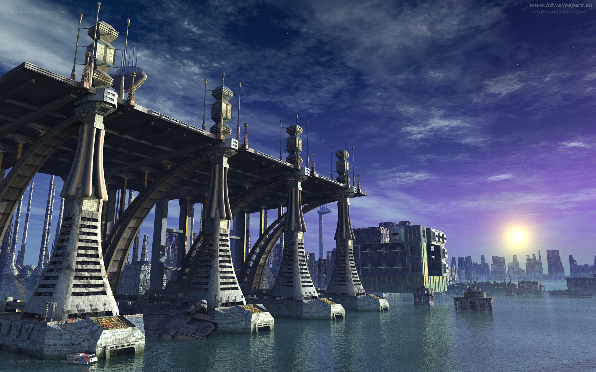 futuristic bridge at sunset