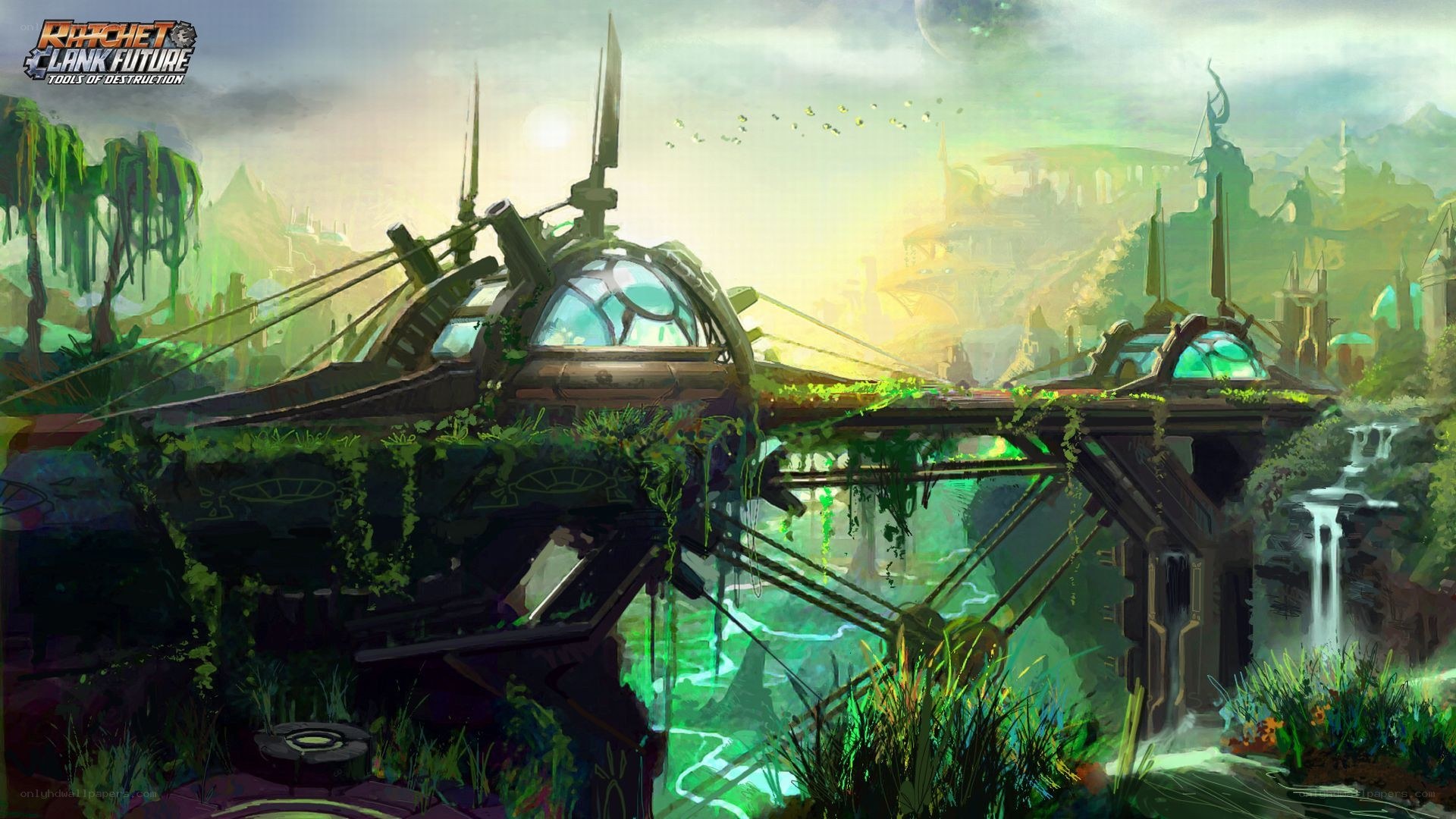 futuristic bridge in overgrown ruins