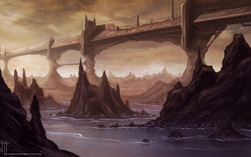 Futuristic bridge over alien canyon
