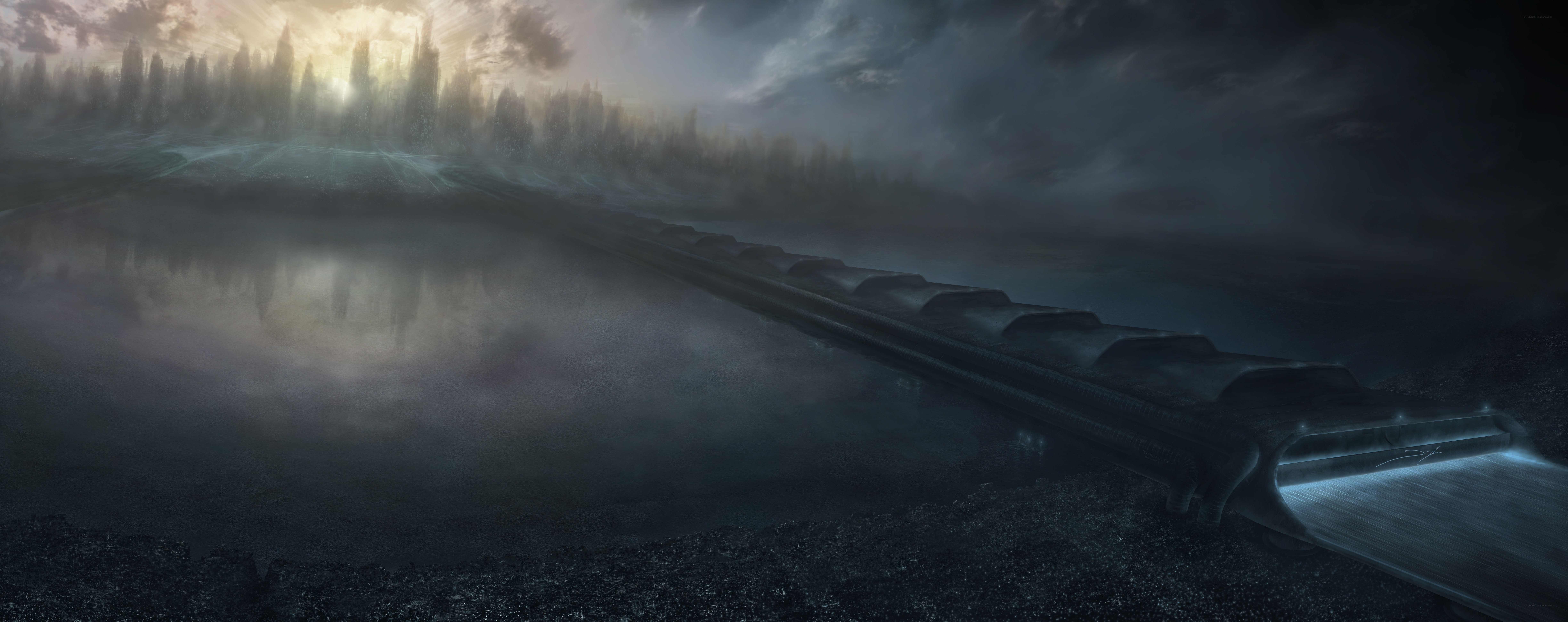 futuristic bridge over misty lake