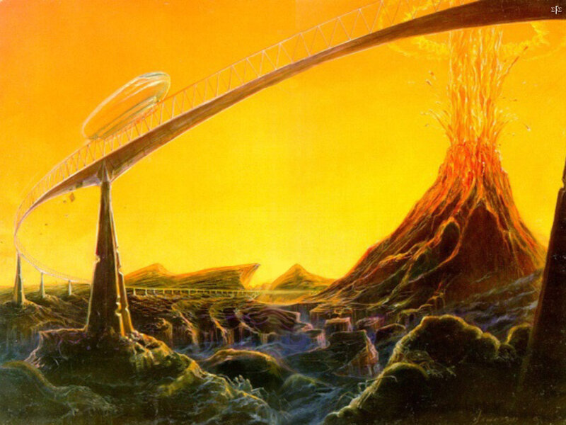 Futuristic bridge over volcanic landscape
