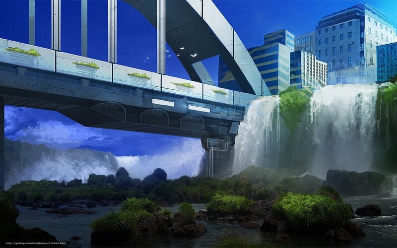 Futuristic bridge over waterfall
