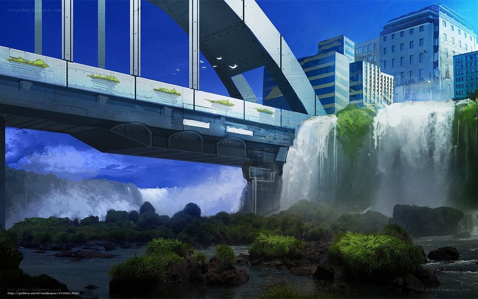Futuristic bridge over waterfall