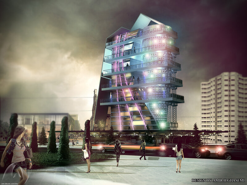 Futuristic Building at Night — Gray