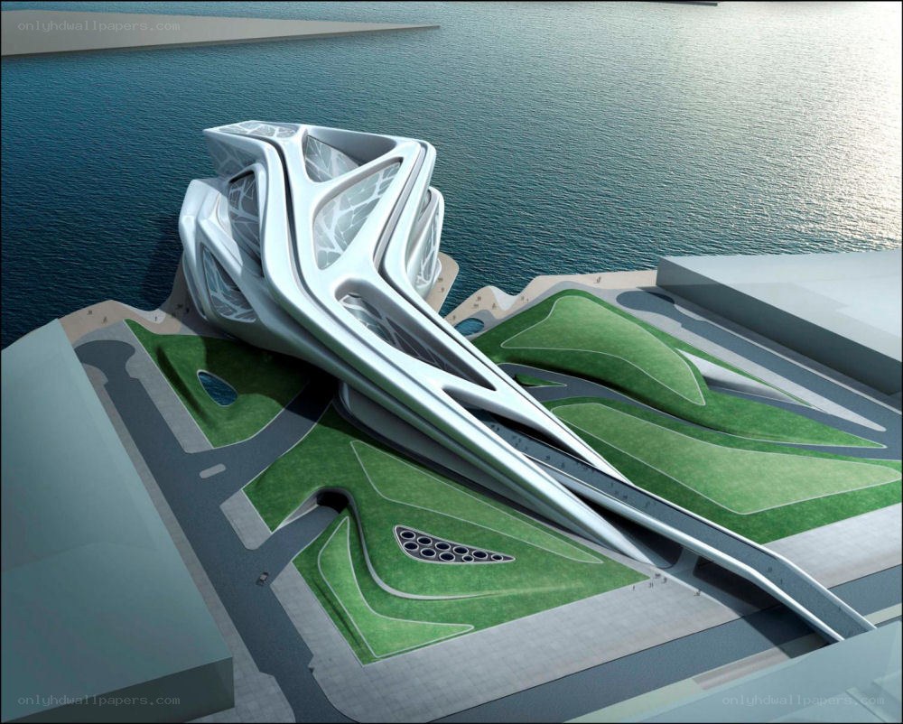 futuristic building by the water