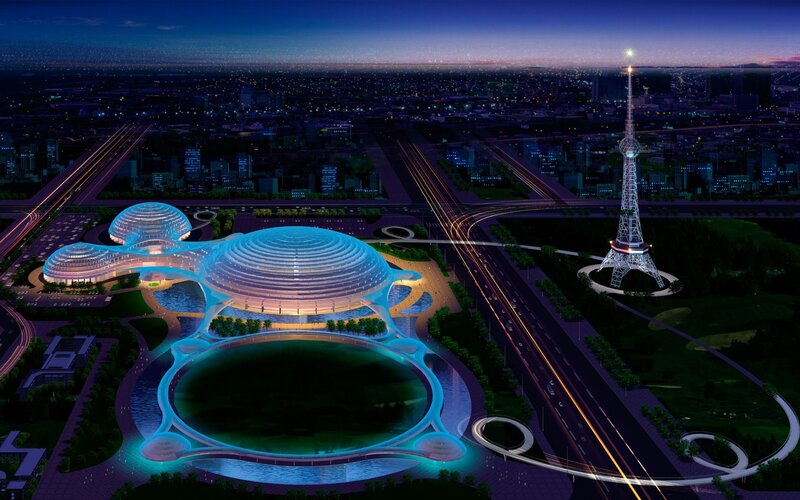 Futuristic Building Complex — Blue, Dramatic, Night