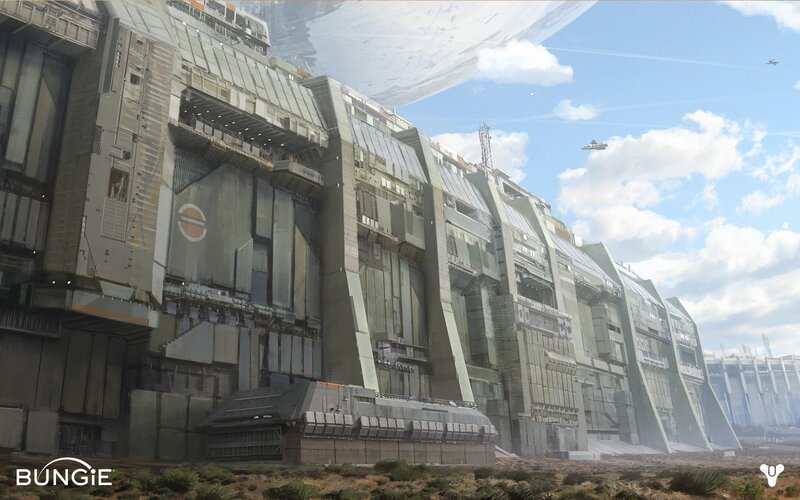 Futuristic Building Complex — Gray, Dramatic, Afternoon, Digital Art, Spaceship, Clouds