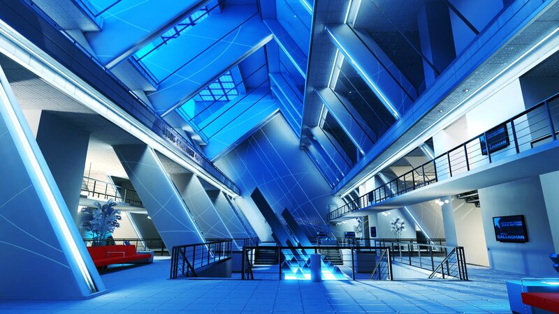 Futuristic Building Interior — Blue, Cool, 3d Render, Stairs