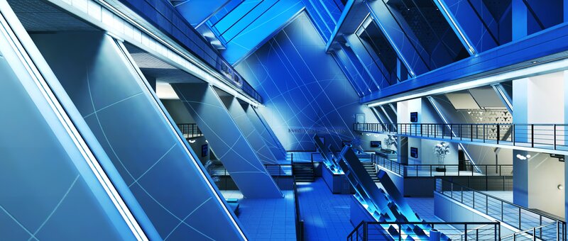 Futuristic Building Interior — Blue, Technological, 3d Render, Escalators