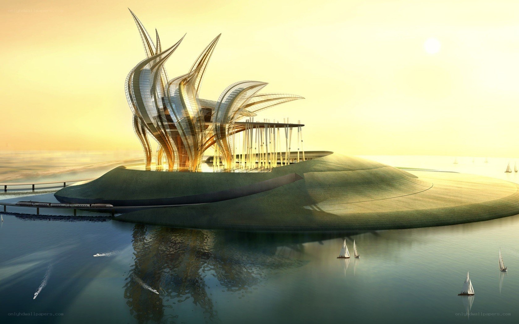 Futuristic building on an island