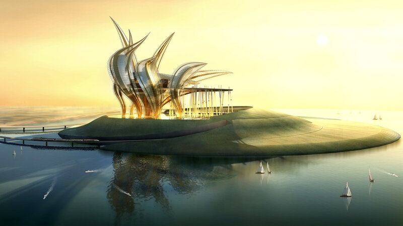 Futuristic Building on Island — Yellow