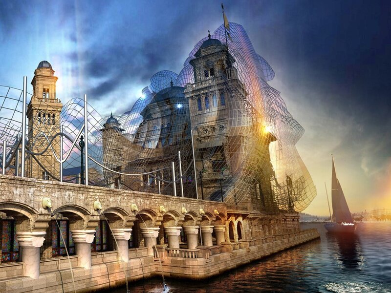 Futuristic Building on Water — Blue, Dramatic