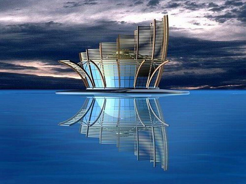 Futuristic building on water