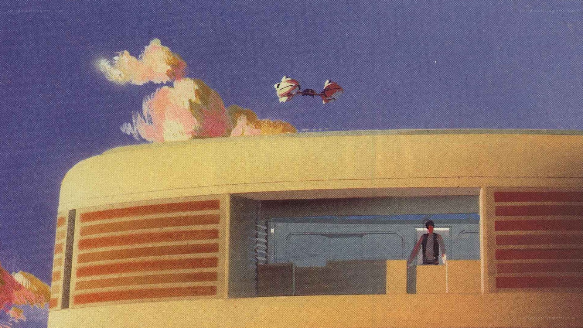 Futuristic building with flying vehicle