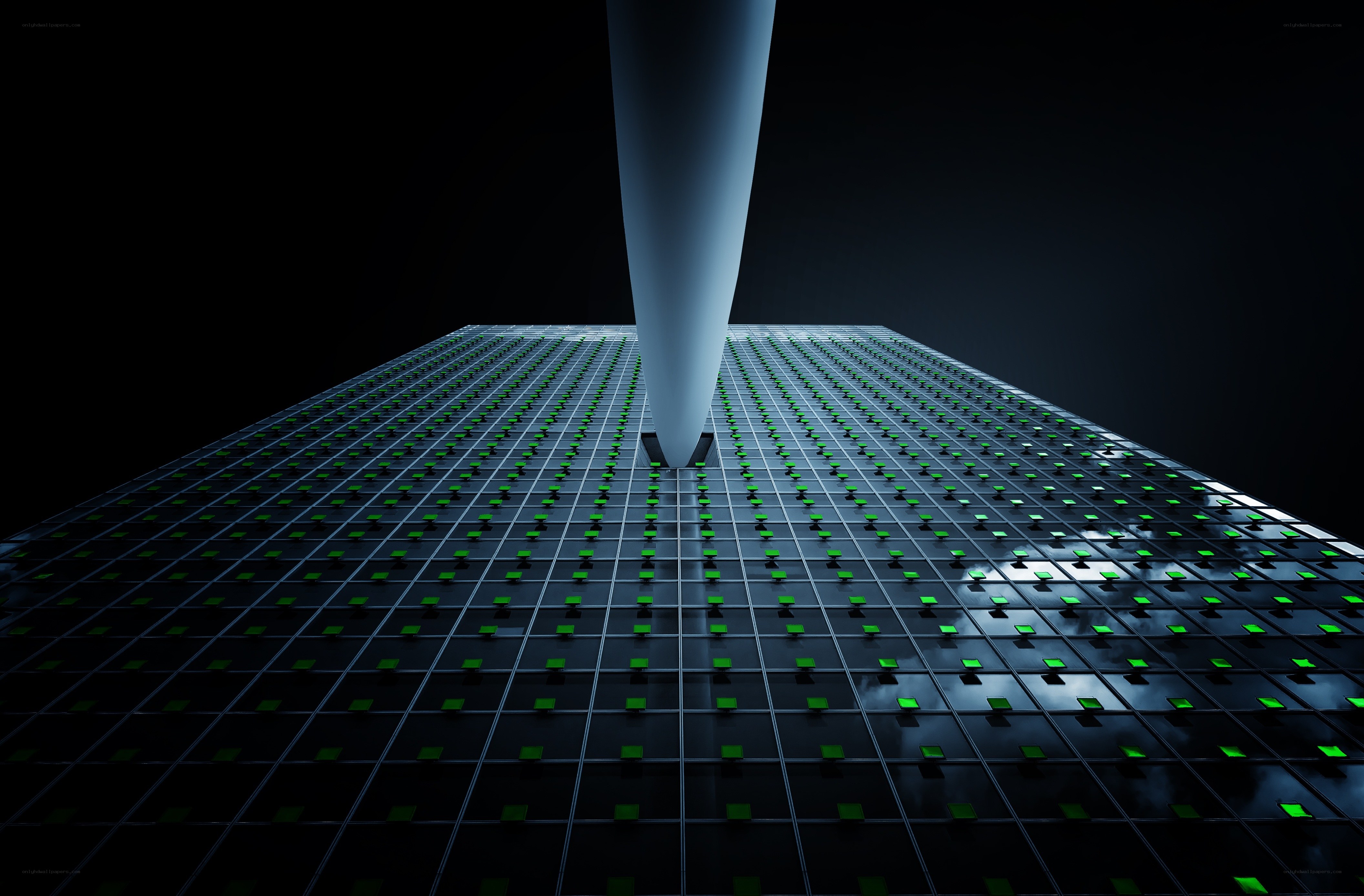 futuristic building with glowing grid