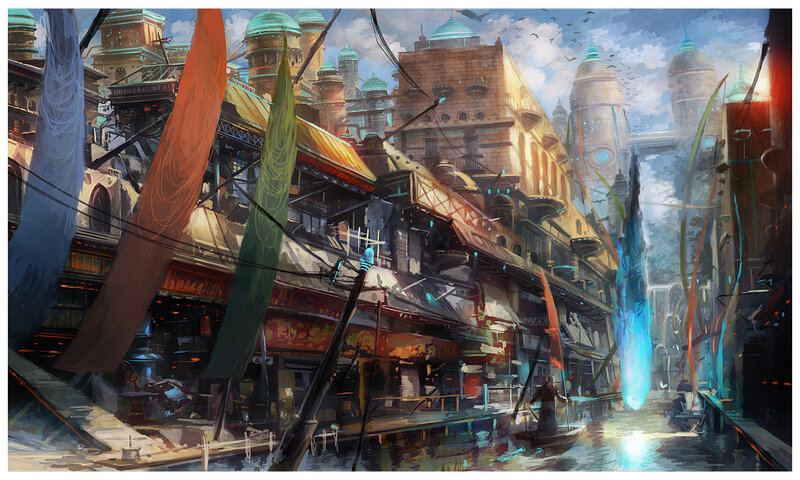 Futuristic canal cityscape
