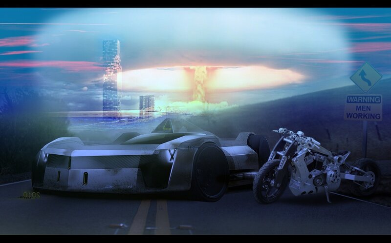 Futuristic car and motorcycle