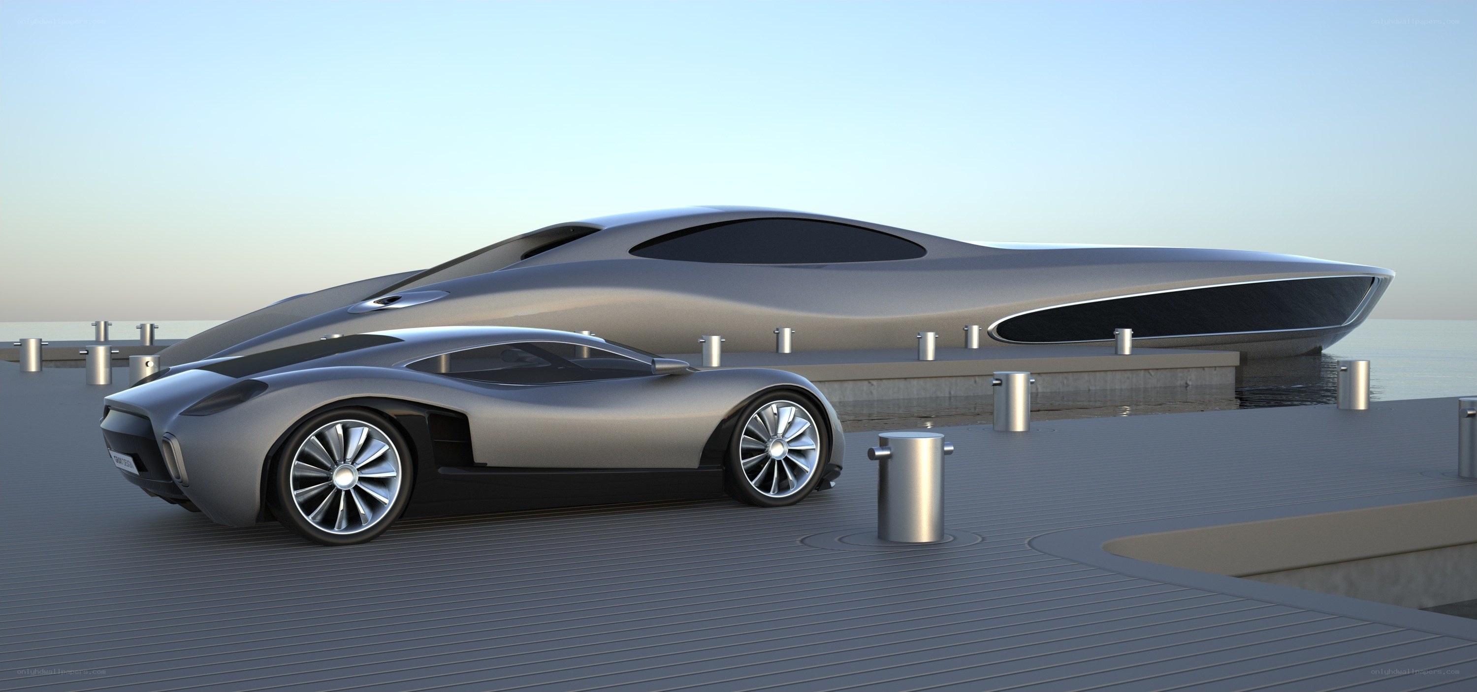 Futuristic car and yacht