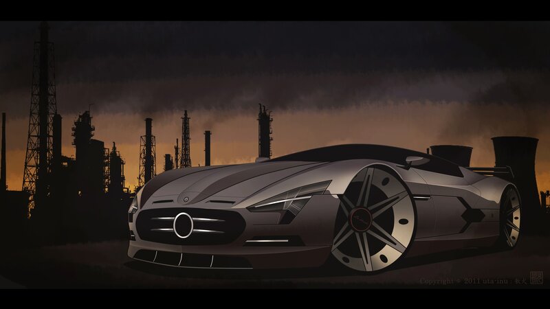 futuristic car at industrial site