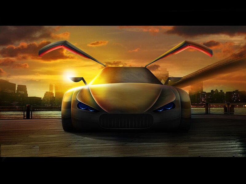 futuristic car at sunset