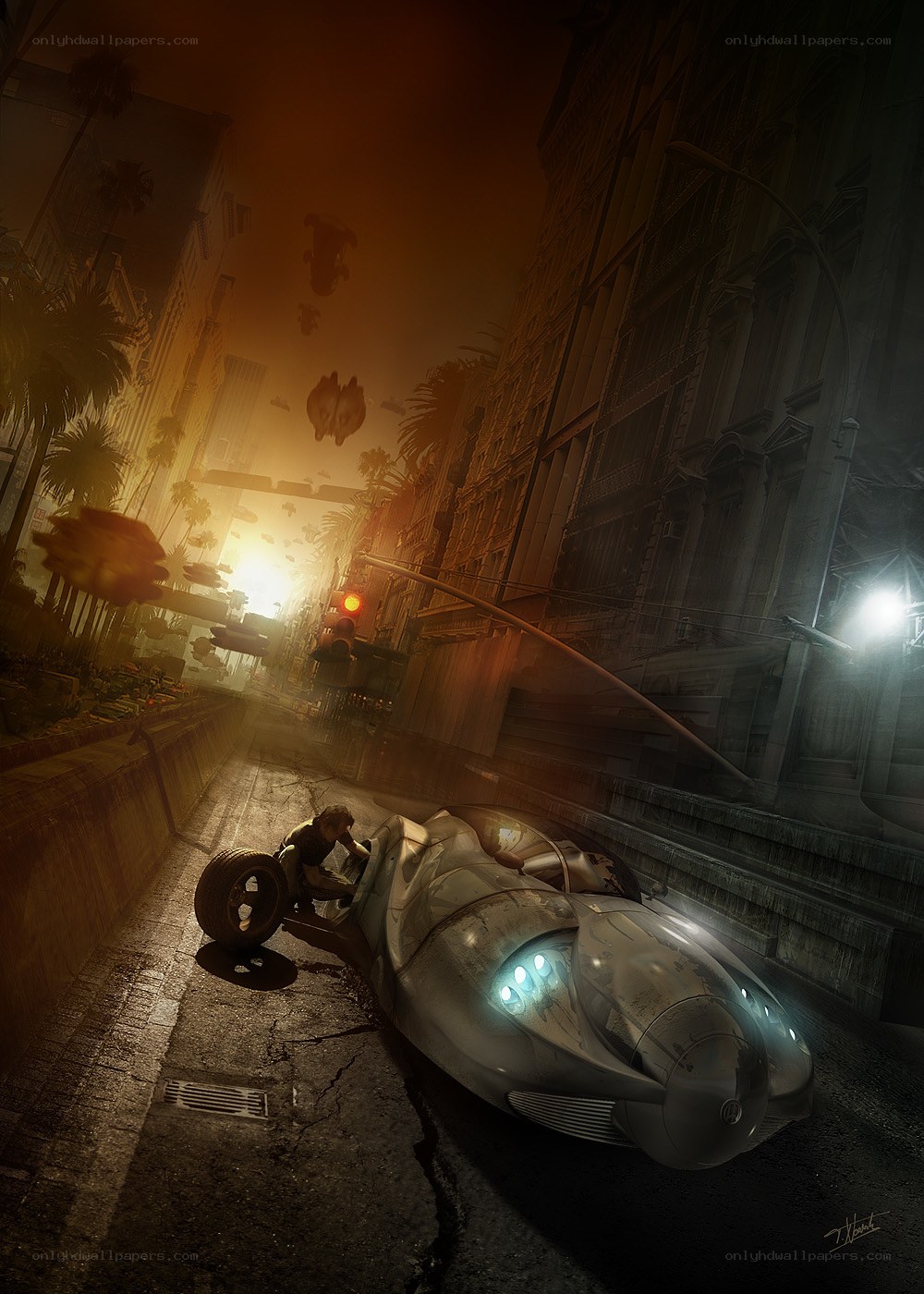 Futuristic car crash in city