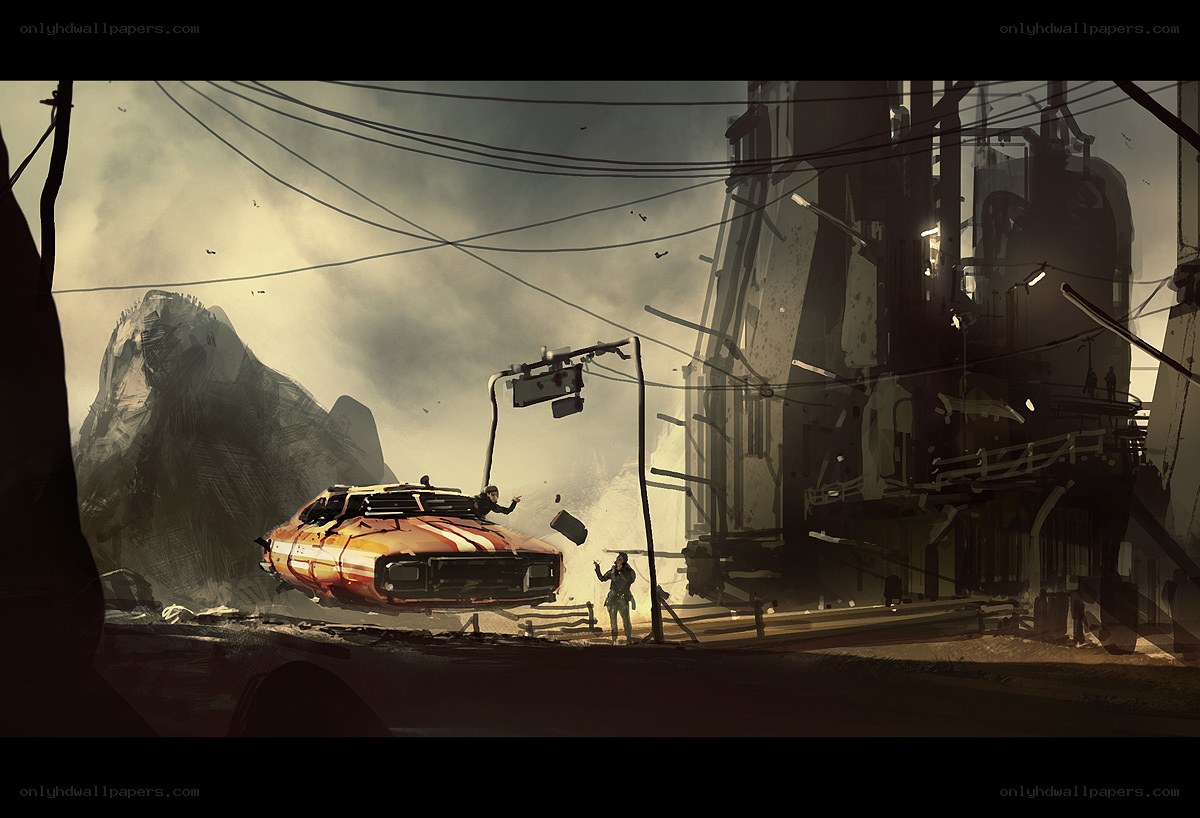 Futuristic car crash scene