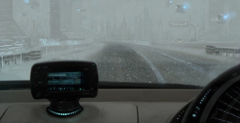 futuristic car driving in storm
