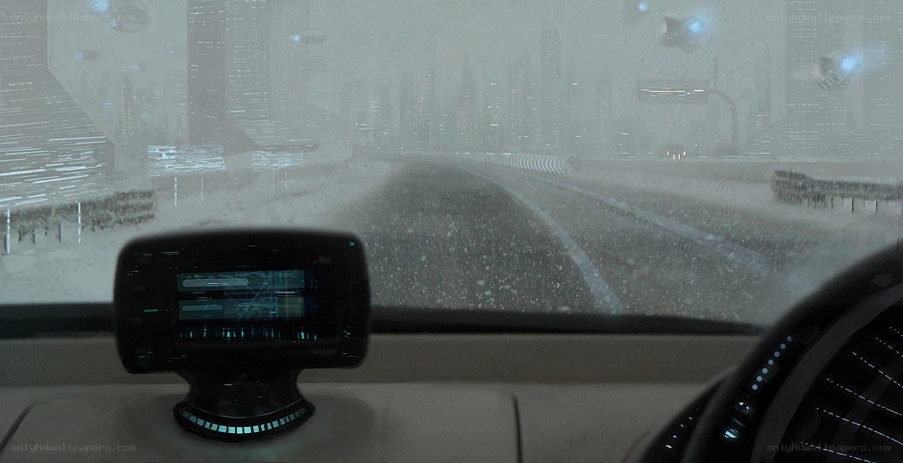 futuristic car driving in storm