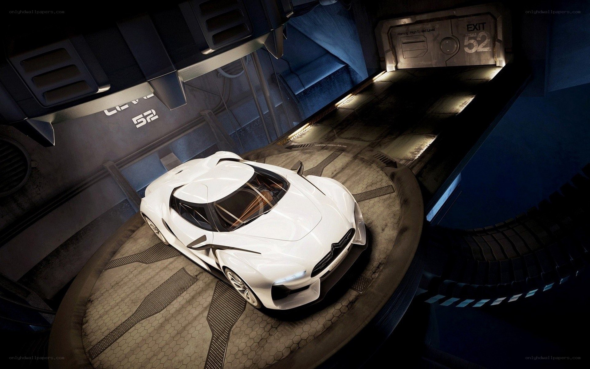 futuristic car in a high-tech garage