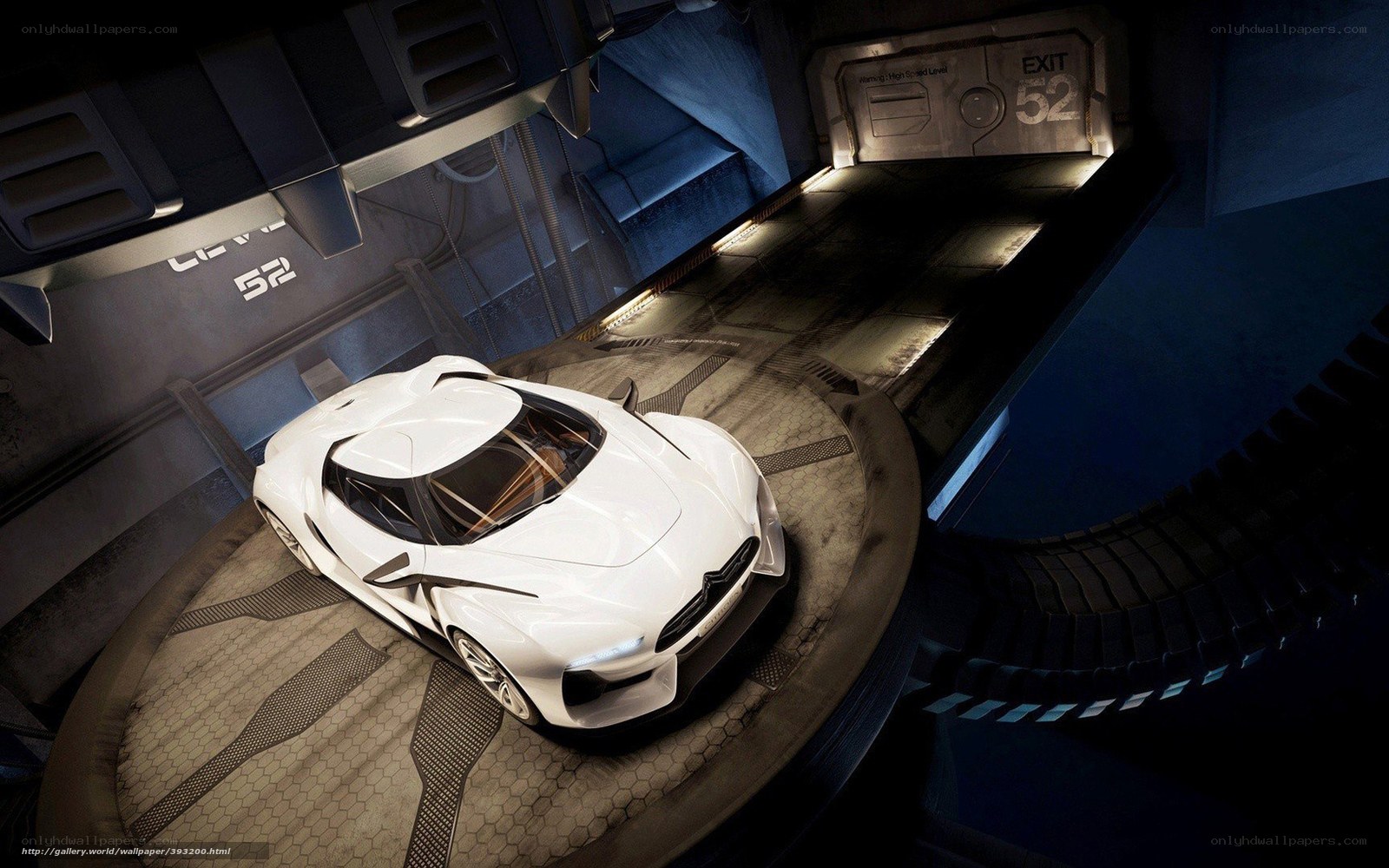 futuristic car in a high-tech garage