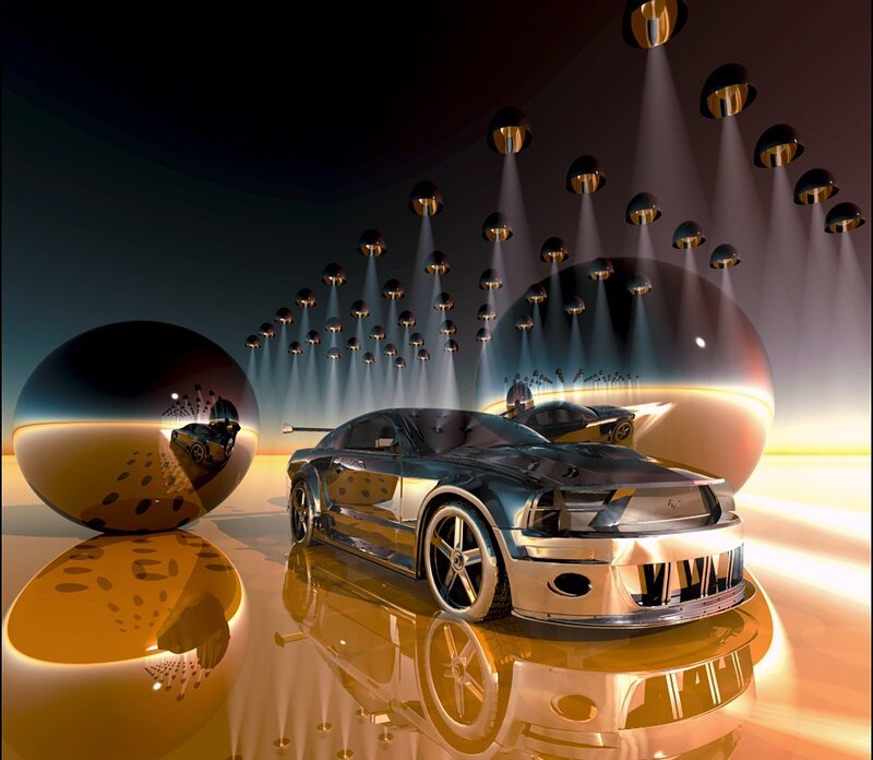Futuristic car in a reflective space