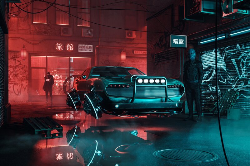 Futuristic Car in Alley — Red