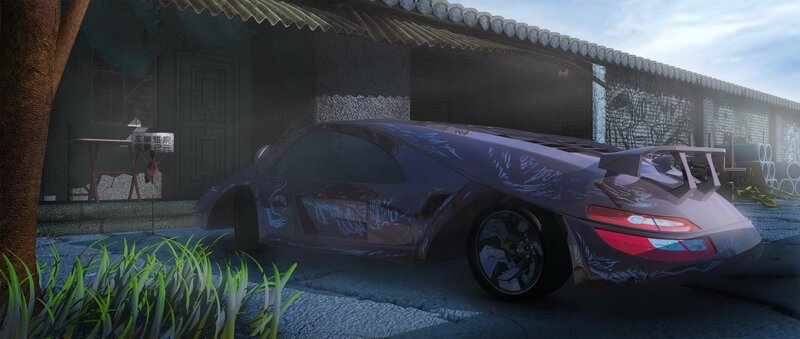 futuristic car in alley