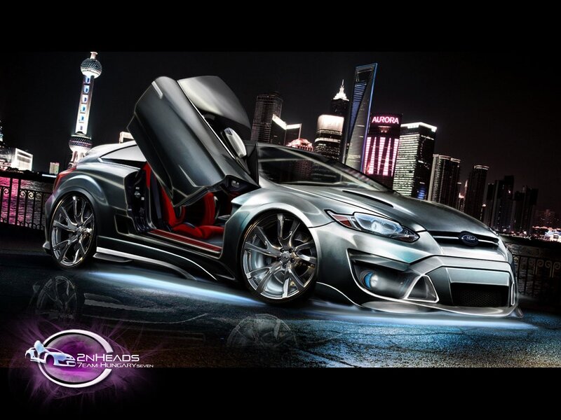 Futuristic car in city at night