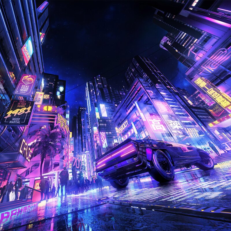 Futuristic Car in City — Purple, Dramatic, Night, Digital Art, Neon Signs