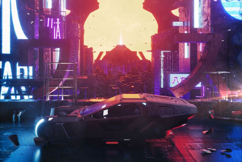 Futuristic Car in City — Purple, Dramatic, Night